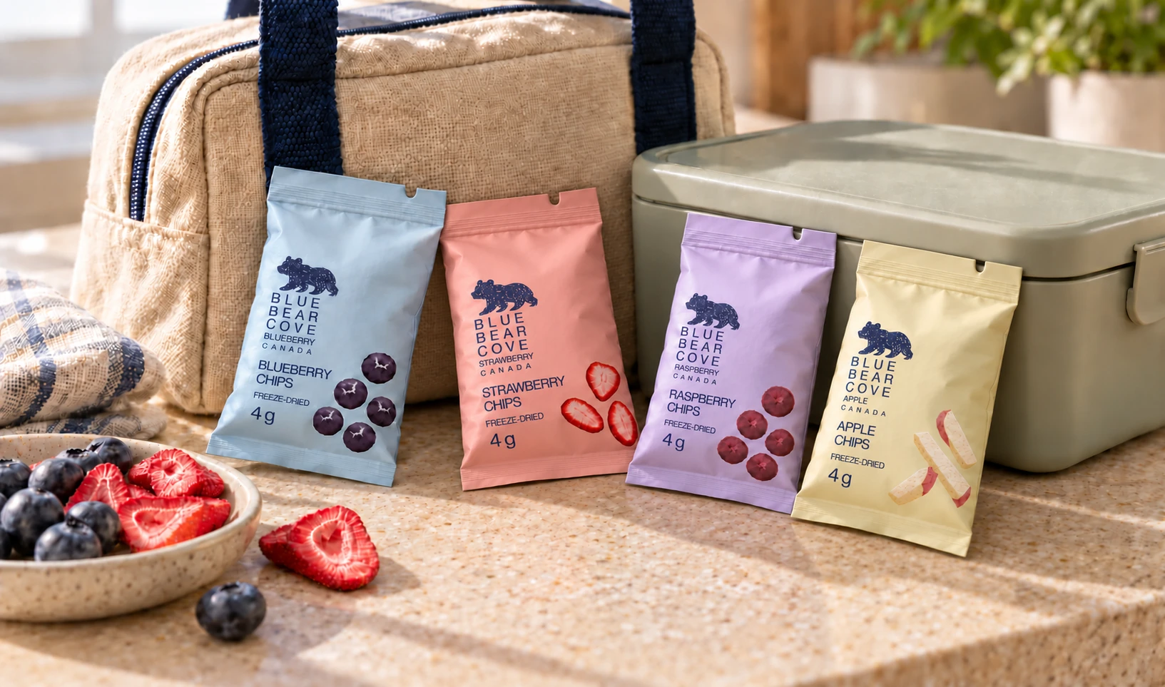 Four equal-sized fruit sachets resting naturally against a lunch bag and lunch box.