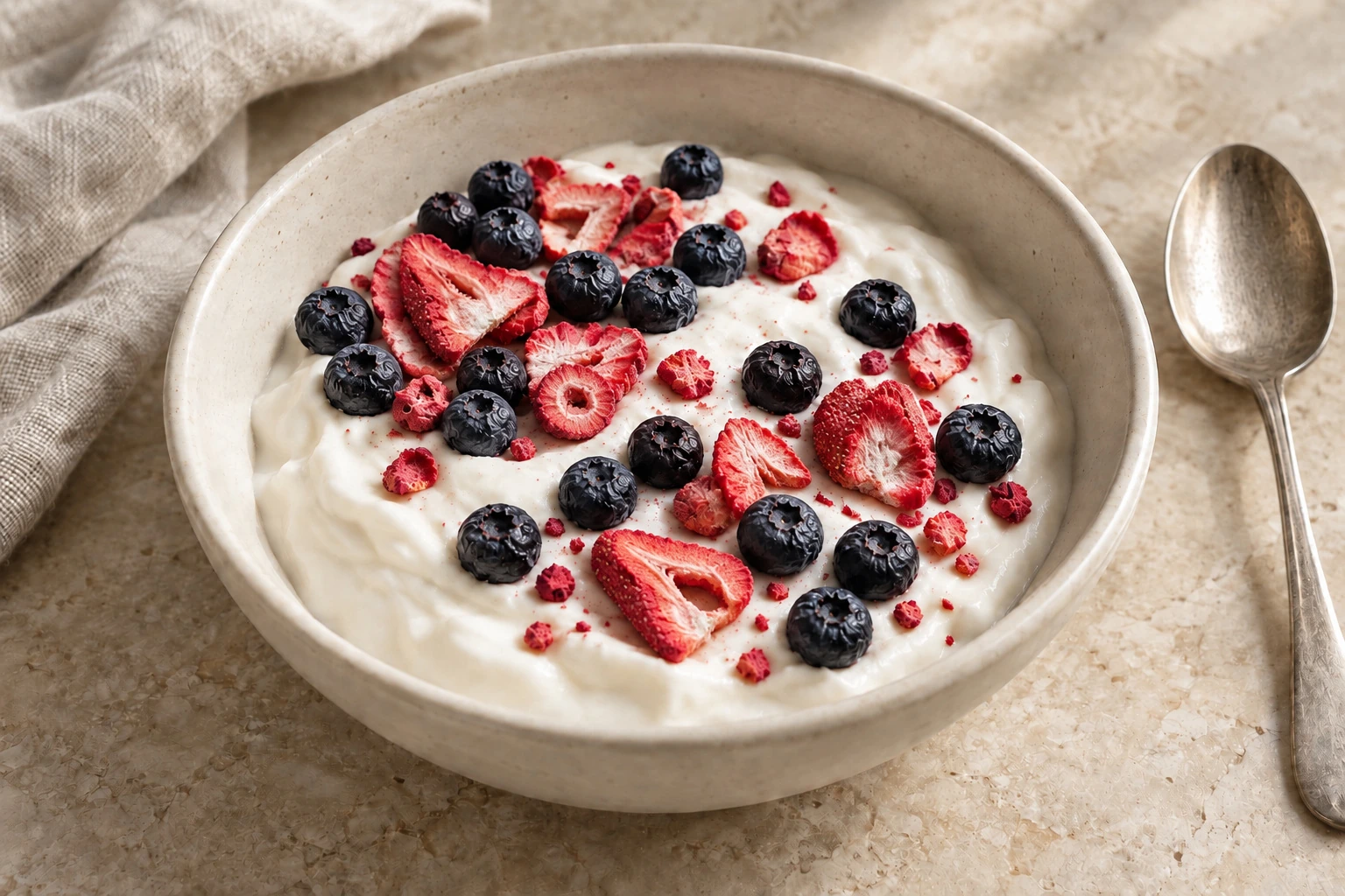 Crisp freeze-dried fruit served with yogurt.