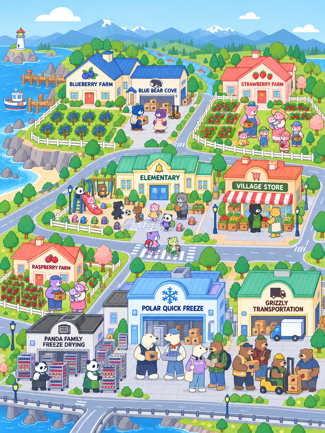 Illustrated Blue Bear Cove village, with berry farms, a school, village store and neighbours by the water.