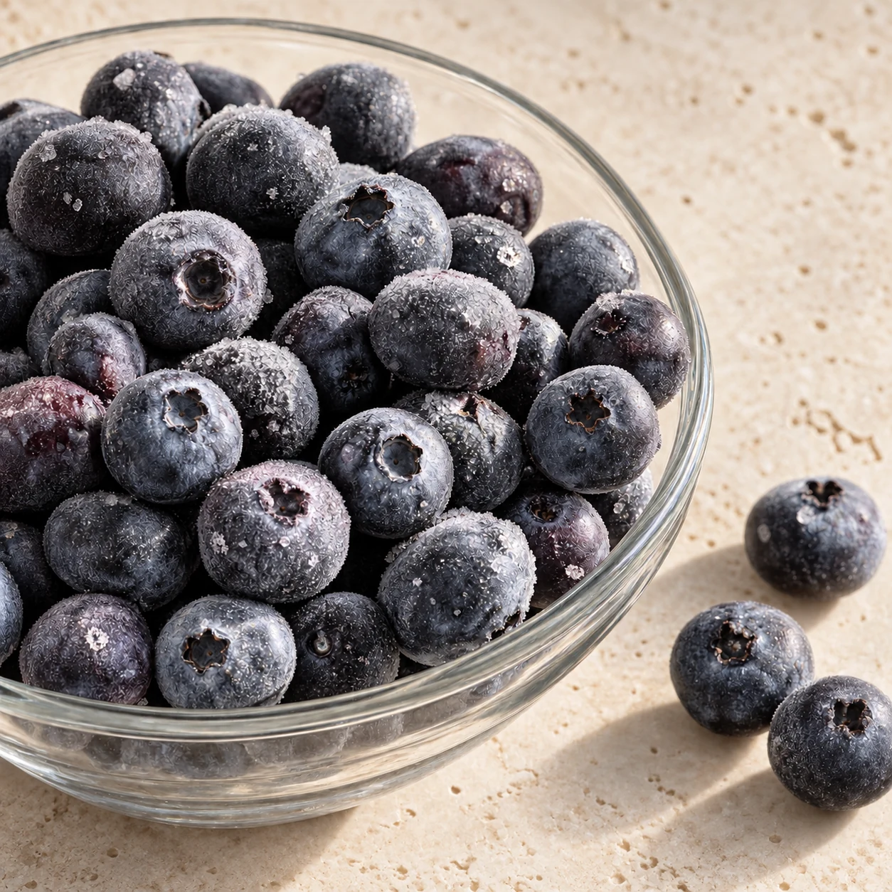 A close view of lightly frosted whole blueberries in a clear glass bowl on warm stone.