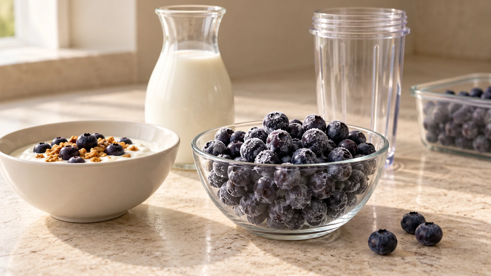 A glass bowl of frozen blueberries beside yogurt, a milk carafe and a blender cup on a pale stone counter.