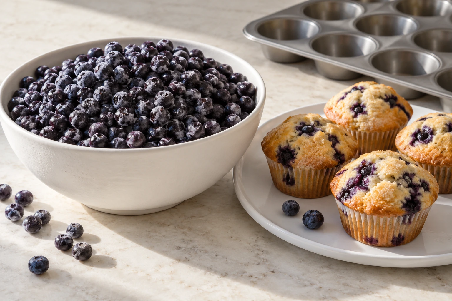 Blueberry muffins and berries on a bakery counter
