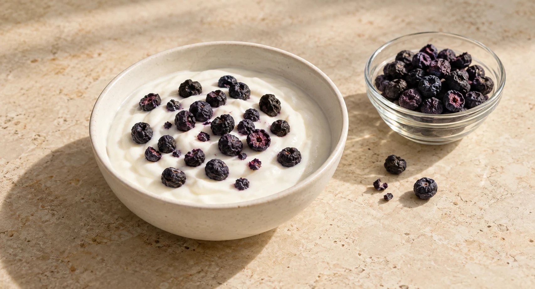 Whole freeze-dried blueberries on plain yogurt, beside a small glass dish of dried berries.