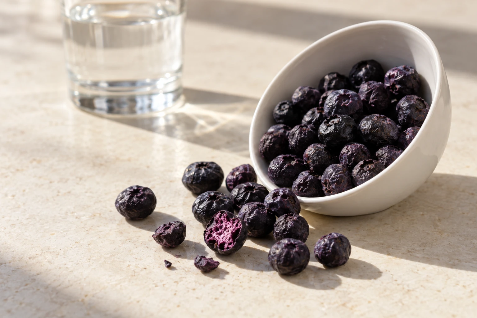 Whole freeze-dried blueberries beside a glass