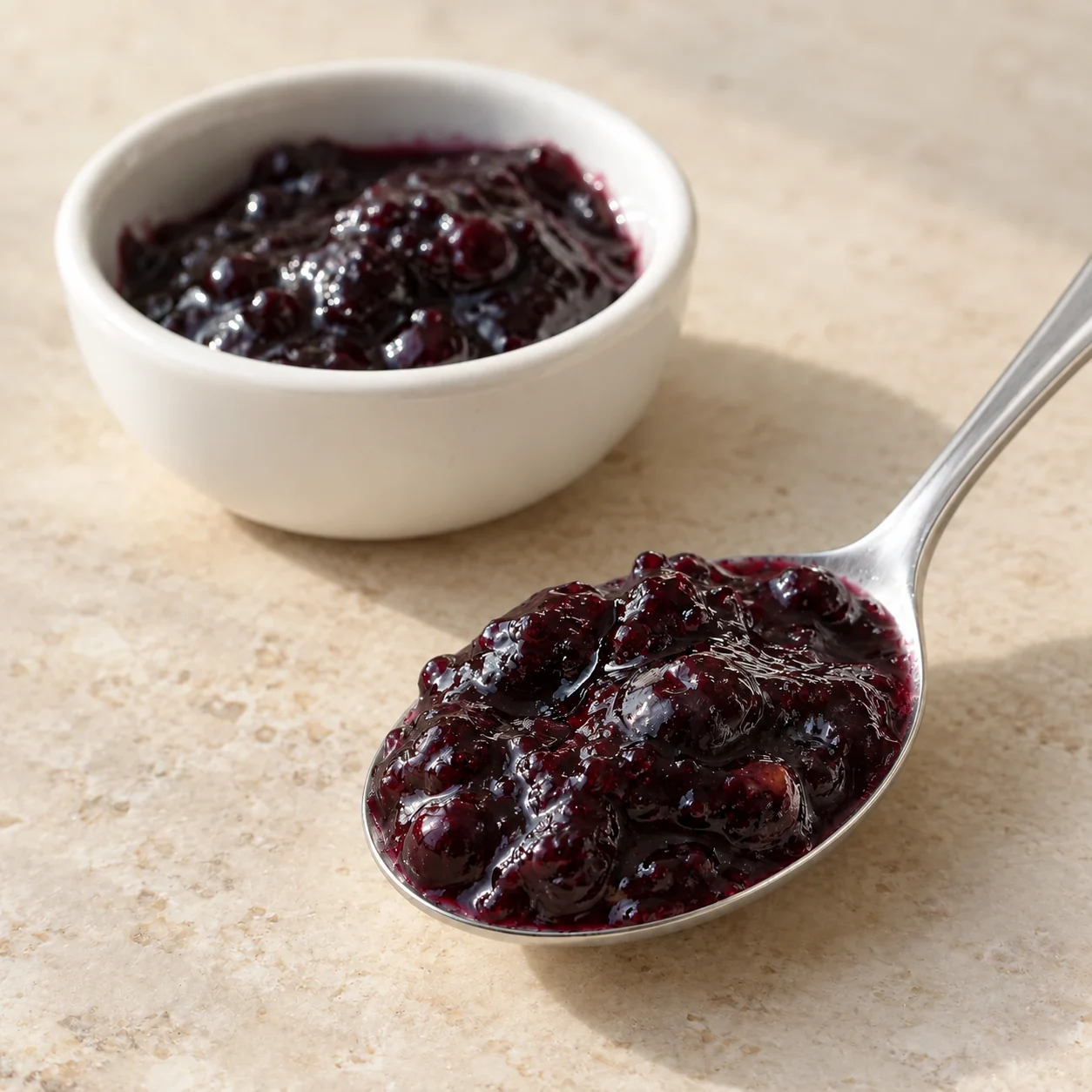 Blueberry spread on a stainless-steel teaspoon, with a small white jam dish behind it.