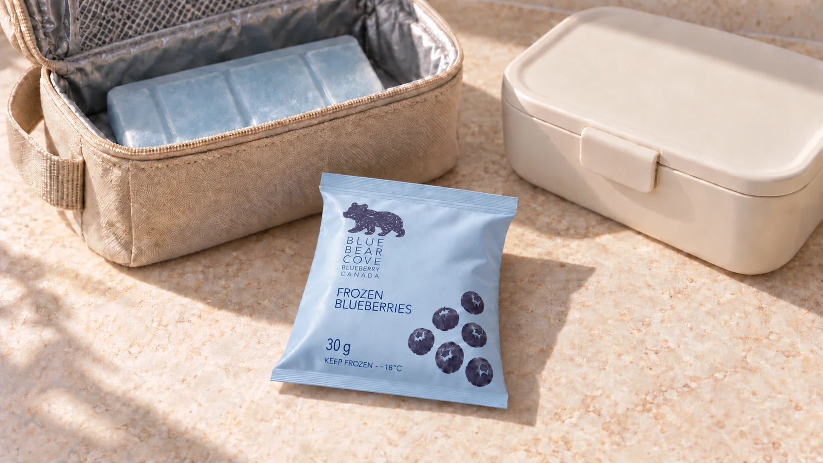 Blue Bear Cove 30 g frozen blueberry pouch beside an insulated lunch bag with an ice pack and a closed lunch box.