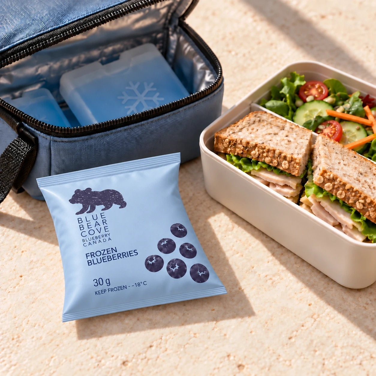 A 30 g individual frozen blueberry pouch beside a lunch container, an insulated lunch bag and ice packs, ready for a lunch break.