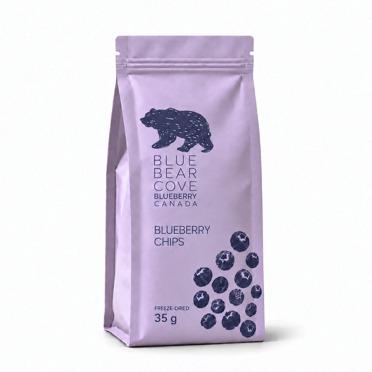 Canadian blueberry chips in a resealable pouch