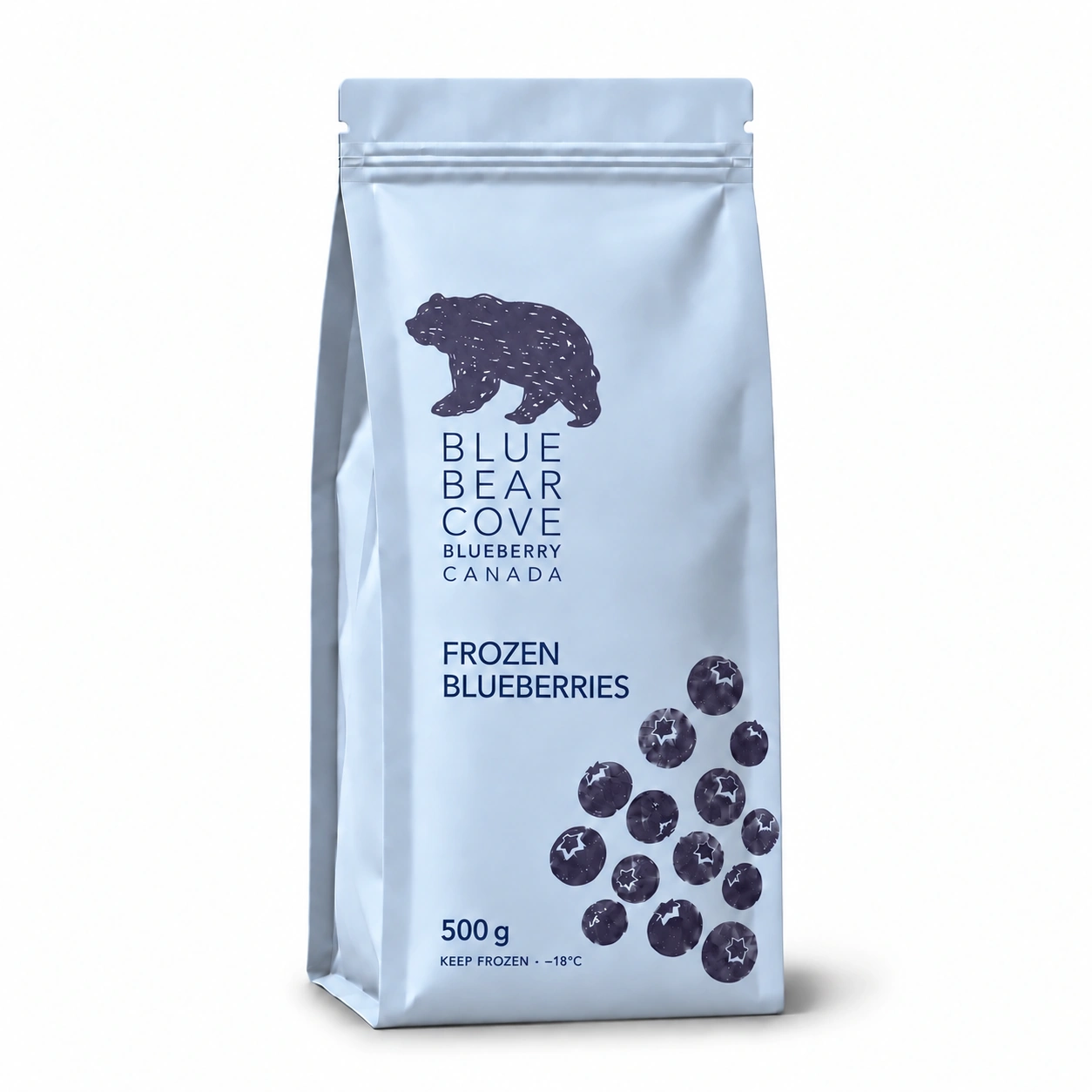 Selected Canadian frozen blueberries in a resealable pouch