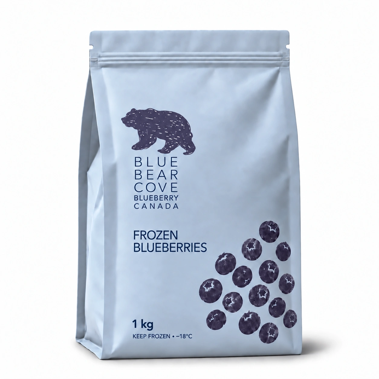 Canadian frozen blueberries in a resealable pouch