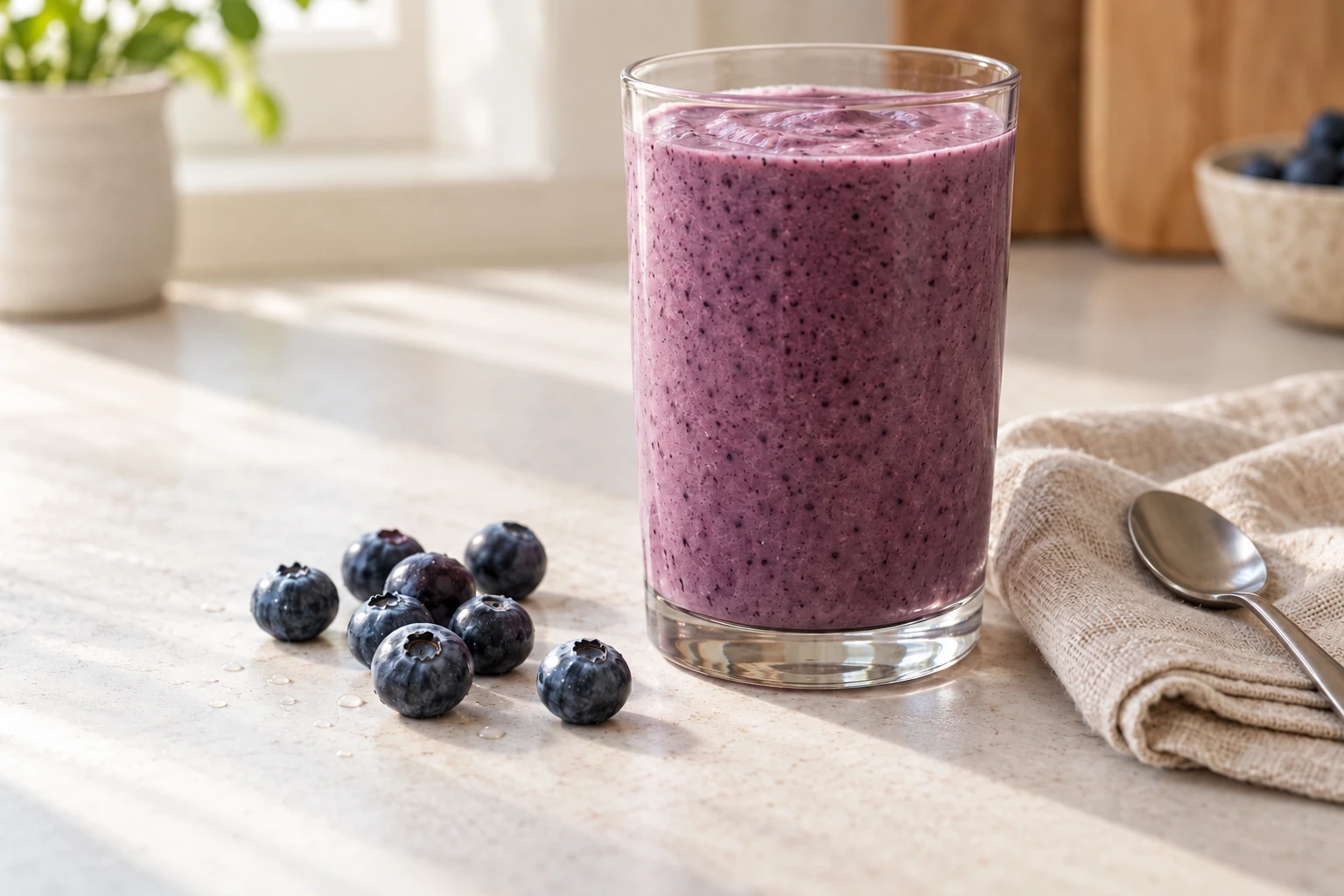 A blueberry smoothie beside blueberries and a folded linen cloth.