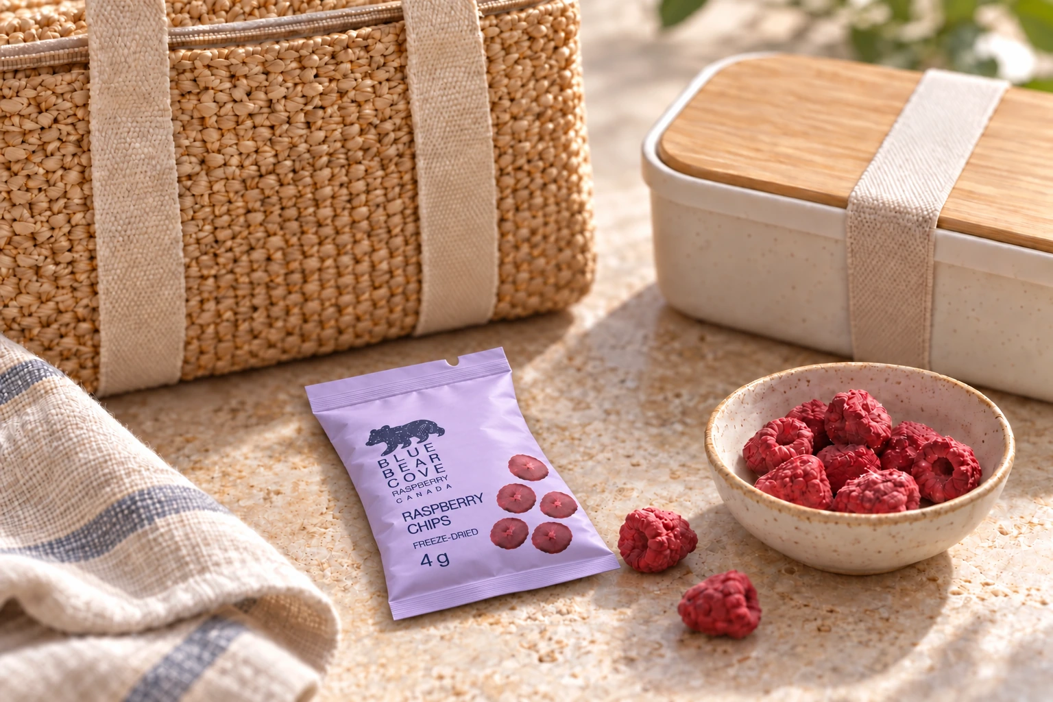 A lavender raspberry chip sachet beside a lunch bag and freeze-dried raspberries.