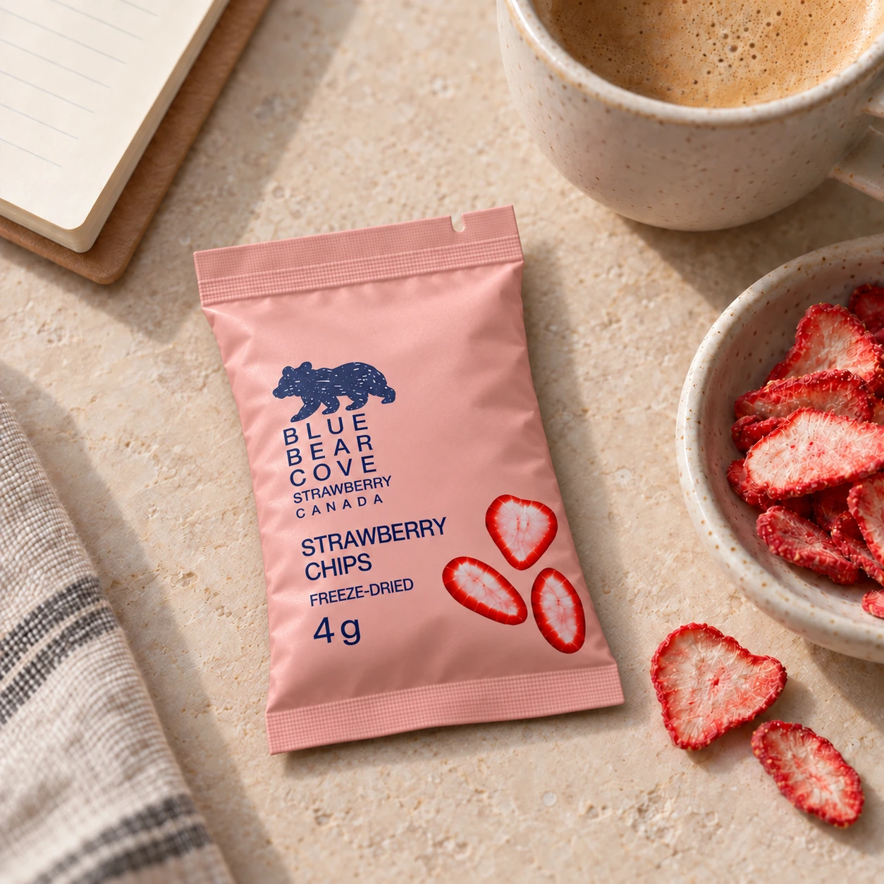 A pink strawberry chip sachet beside coffee and freeze-dried strawberry pieces.