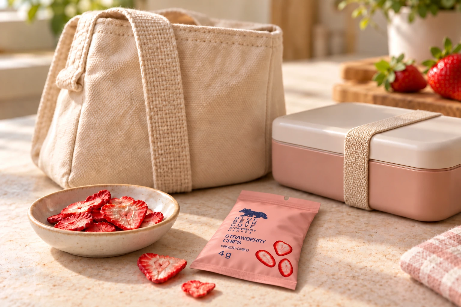 A pink strawberry chip sachet beside a bag and freeze-dried strawberry pieces.